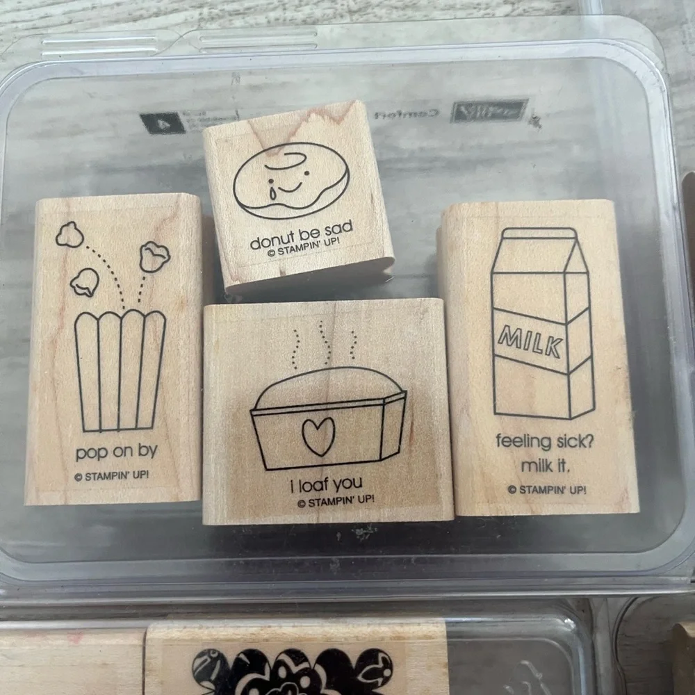 3 Sets Wooden Rubber Stamp Sets - food, treat bags, special tags, cards, crafts